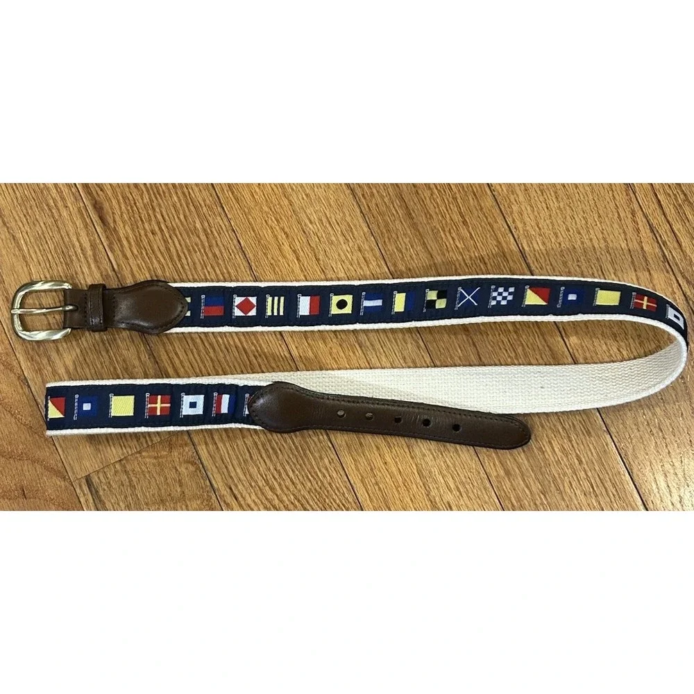 Men's Canvas Navy Blue NAUTICAL Flags Pattern Belt Solid Brass Buckle Sz 44‎ Vtg